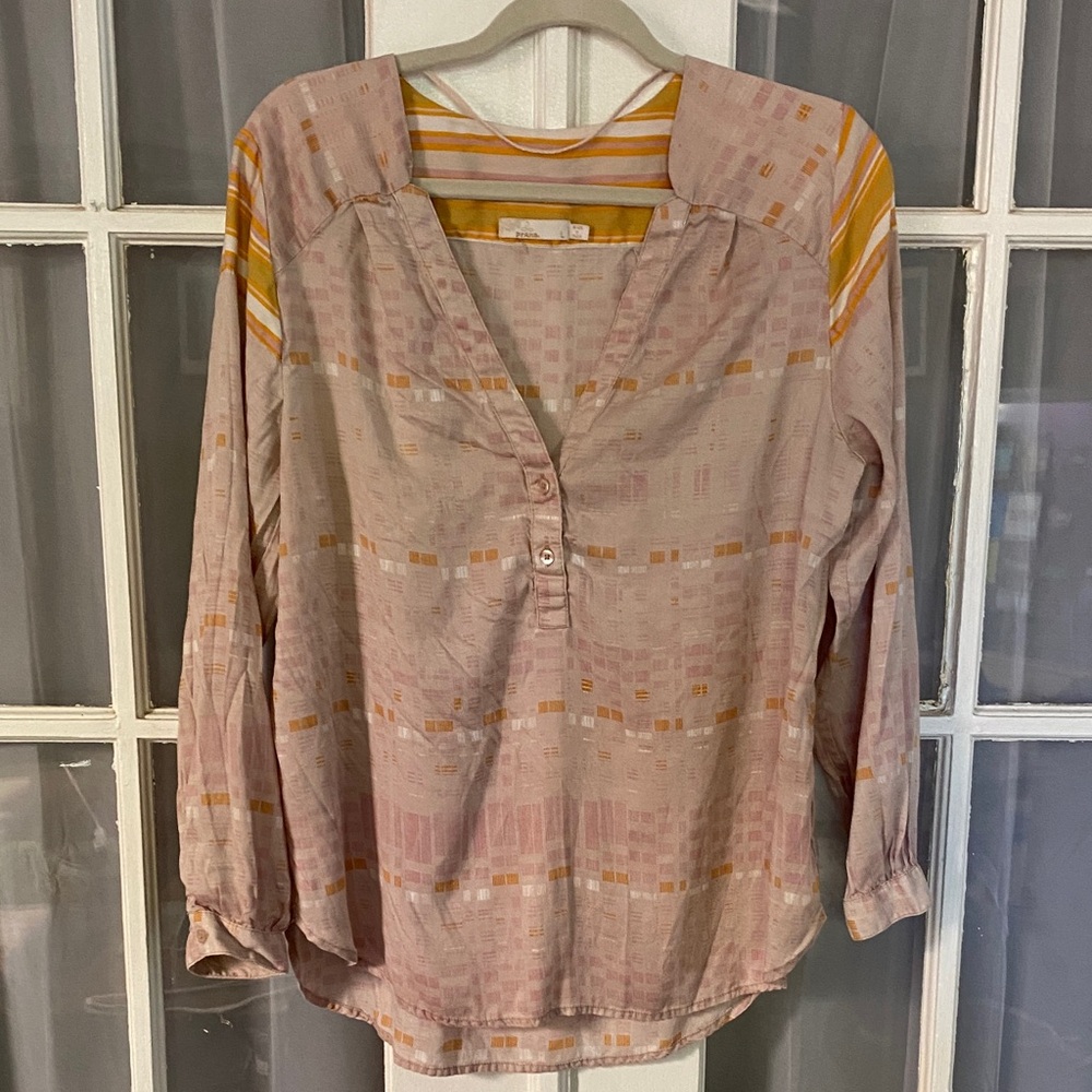 Prana Pink Patterned Popover Lightweight Top Blouse Size Large